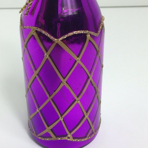Wine Bottle Christmas Holiday Glass Ornament With Stones Purple Gold Glitter 6" - Picture 6 of 12